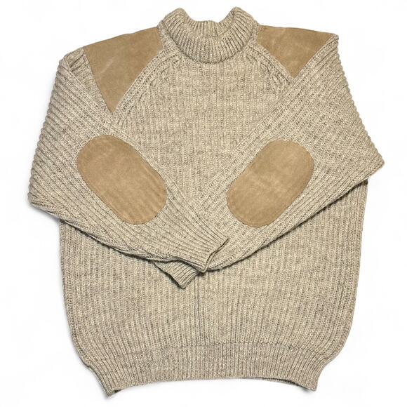Cabela’s Vintage Wool Field Sweater Sz M 48" Chest Oatmeal Tan Suede Patches UK - Picture 2 of 6